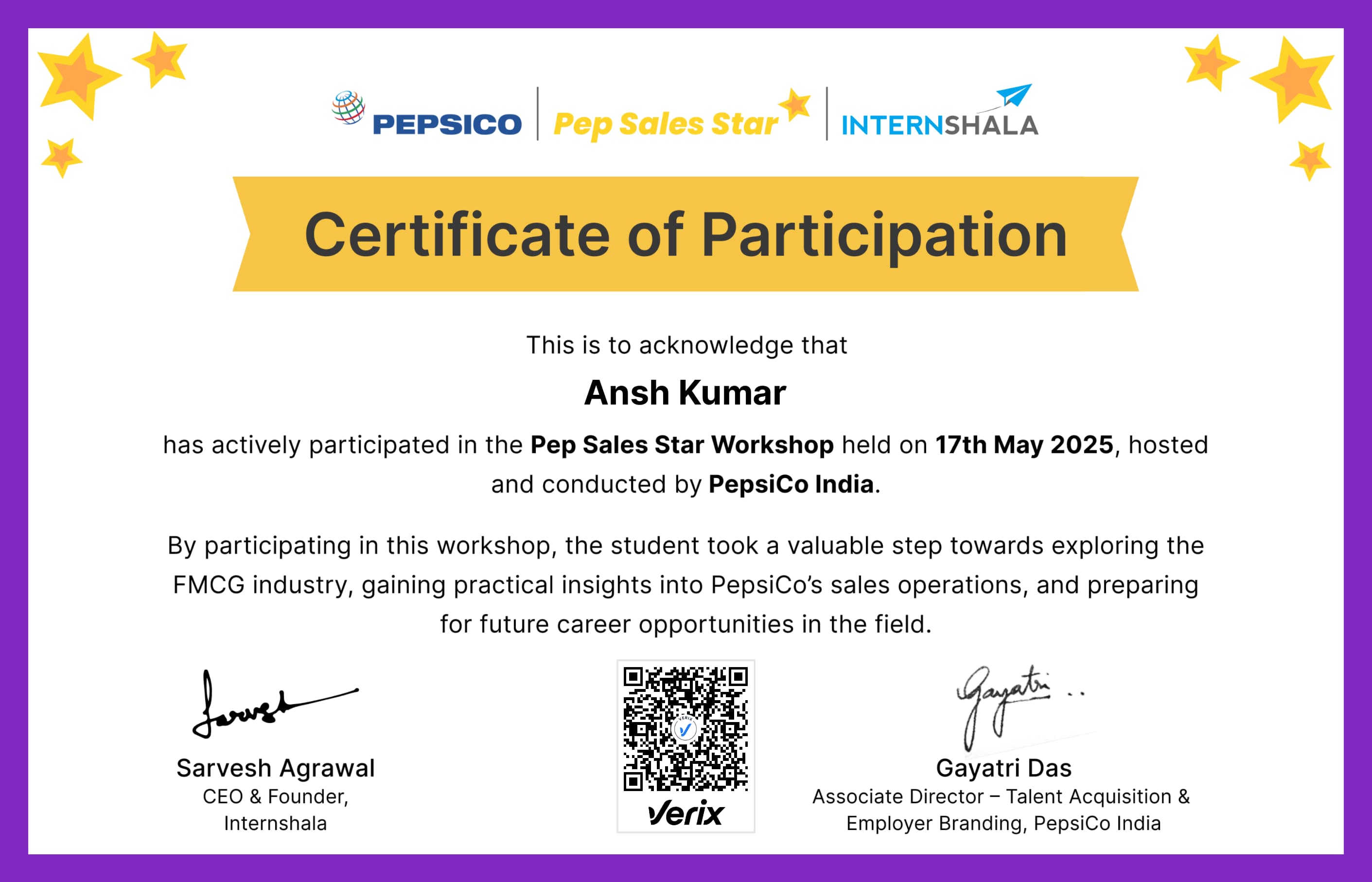 PepSales Star Workshop certificate