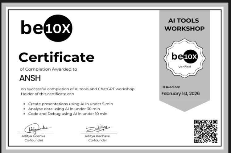 AI Tools Workshop certificate by be10X