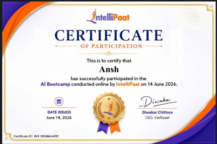 AI Bootcamp certificate by IntelliPaat